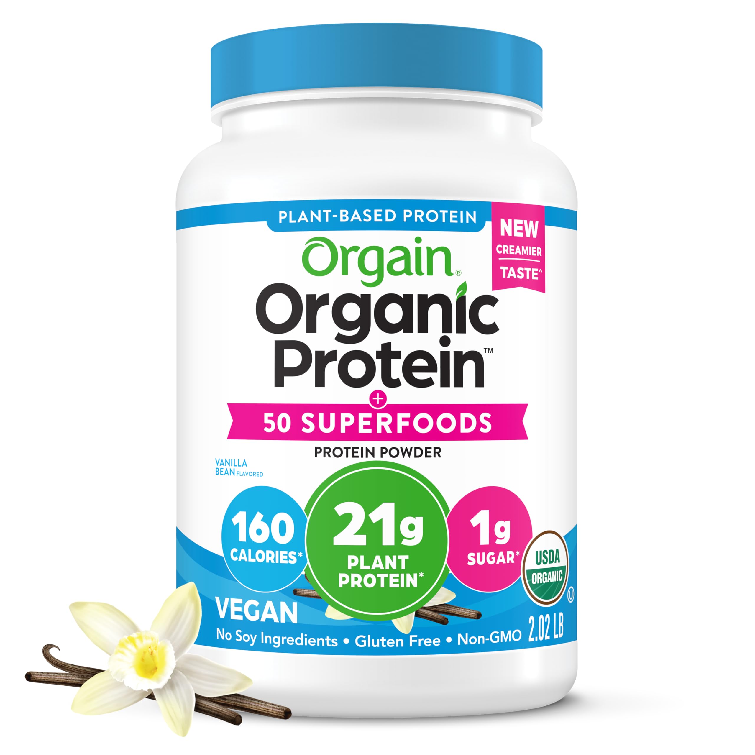 Organic Vegan Protein Powder 50 Superfoods Vanilla Bean - 21g Plant Based Protein, 8g Prebiotic Fiber, Gluten Free, Non